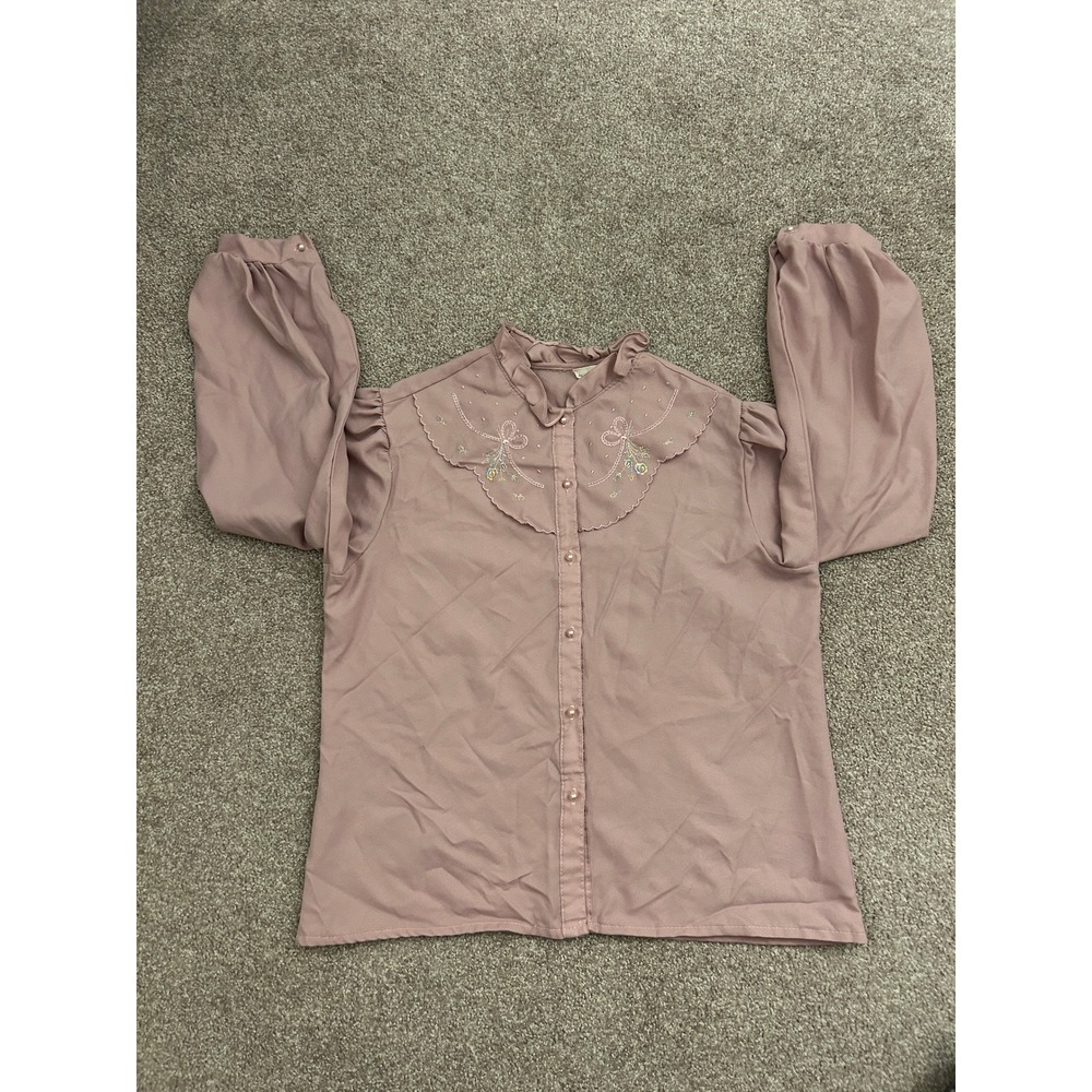 Pat Fashions Blouse Women 38 Mauve Excellent Embroidered Scalloped Ruffle Collar